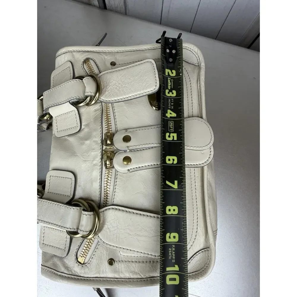 Chloé Bay Top Handle Shoulder Bag Cream Crinkle Leather Satchel Chunky Zip